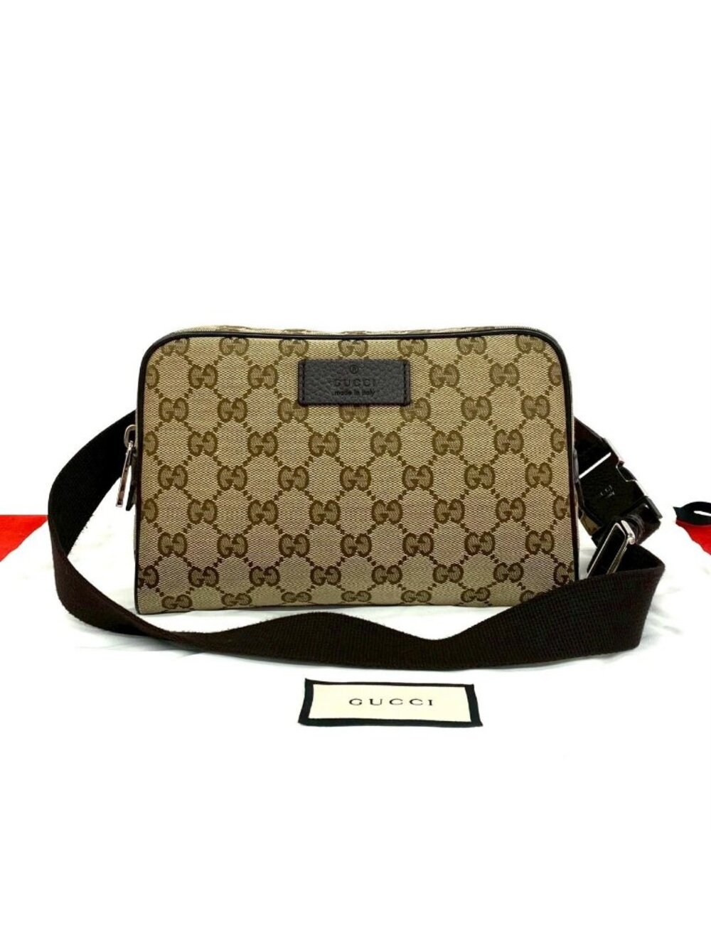 Gucci GG Logo Pattern Canvas Leather Belt Bag Waist Pouch Pochette Brown